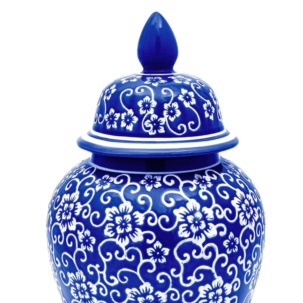 18-Inch Blue and White Floral Porcelain Temple Jar