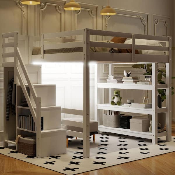 White Full Size Wood Loft Bed with Shelves, Storage Staircase, Small Wardrobe and White LED Light