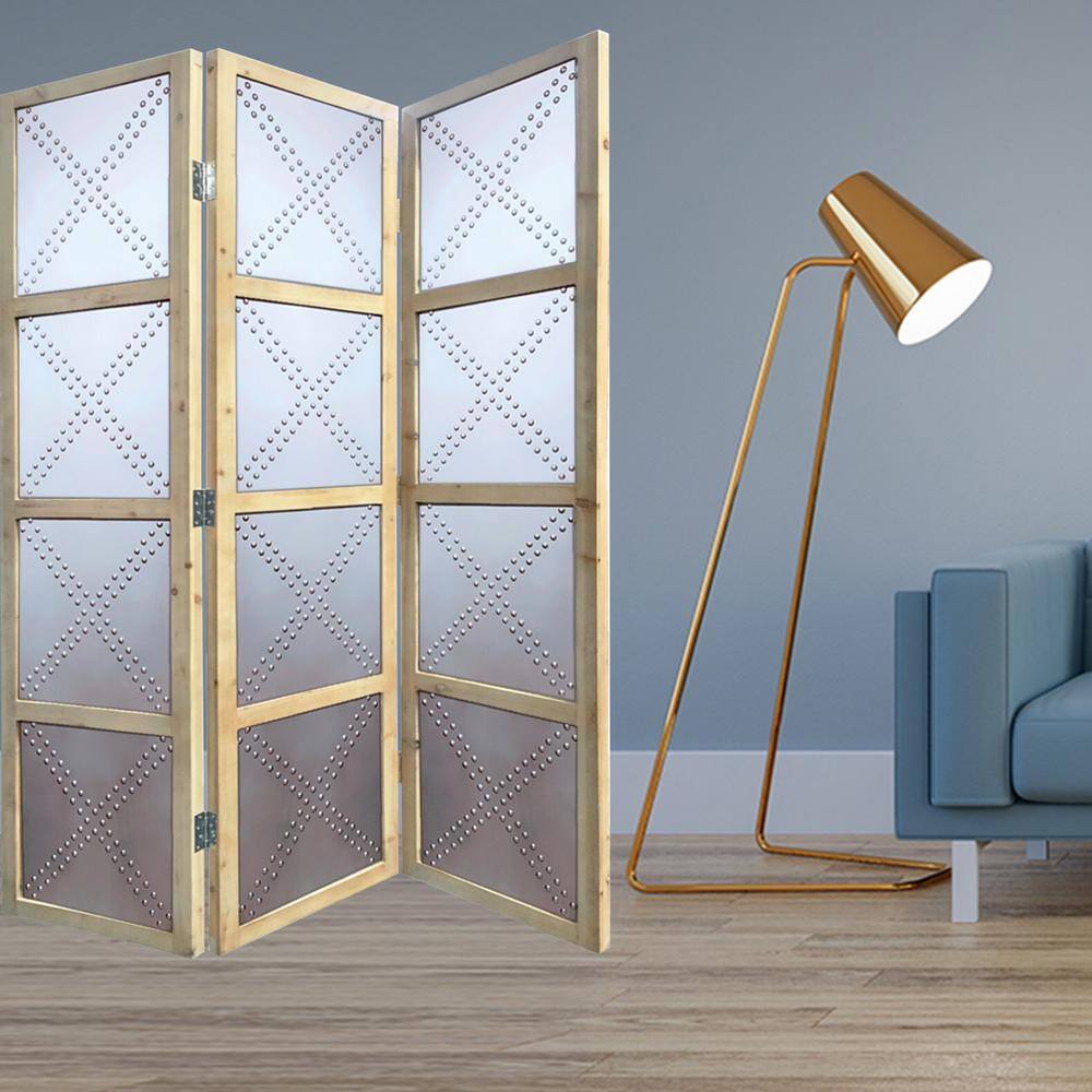 7 ft. Brass 3 Panel Geometric Hinged Foldable Partition Room Divider Screen