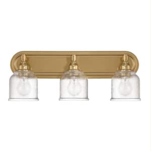 22 in. Clara 3-Light Brushed Gold Vintage Metal Vanity Light with Distressed Antique Glass