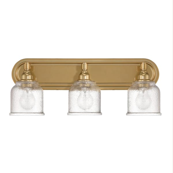 Robert Stevenson Lighting 22 in. Clara 3-Light Brushed Gold Vintage Metal Vanity Light with Distressed Antique Glass