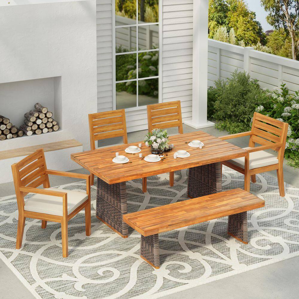 Scales 6-Piece Sandblast Solid Wood and Wicker Patio Outdoor Dining Set with Beige Cushions and Bench, Teak Finish+Grey price history on PriceWatchPro