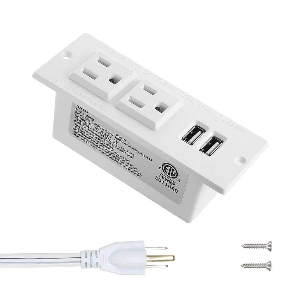 White Mountable Flat Plug Extension Cord Mount 2 Outlets 2 USB for Tabletop Sofa Cabinet Nightstand price history on PriceWatchPro