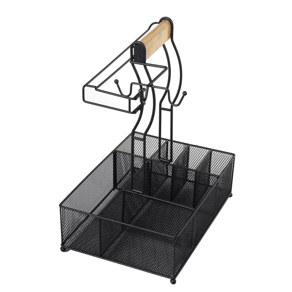Black Steel Mesh Grill Caddy with Wooden Handle