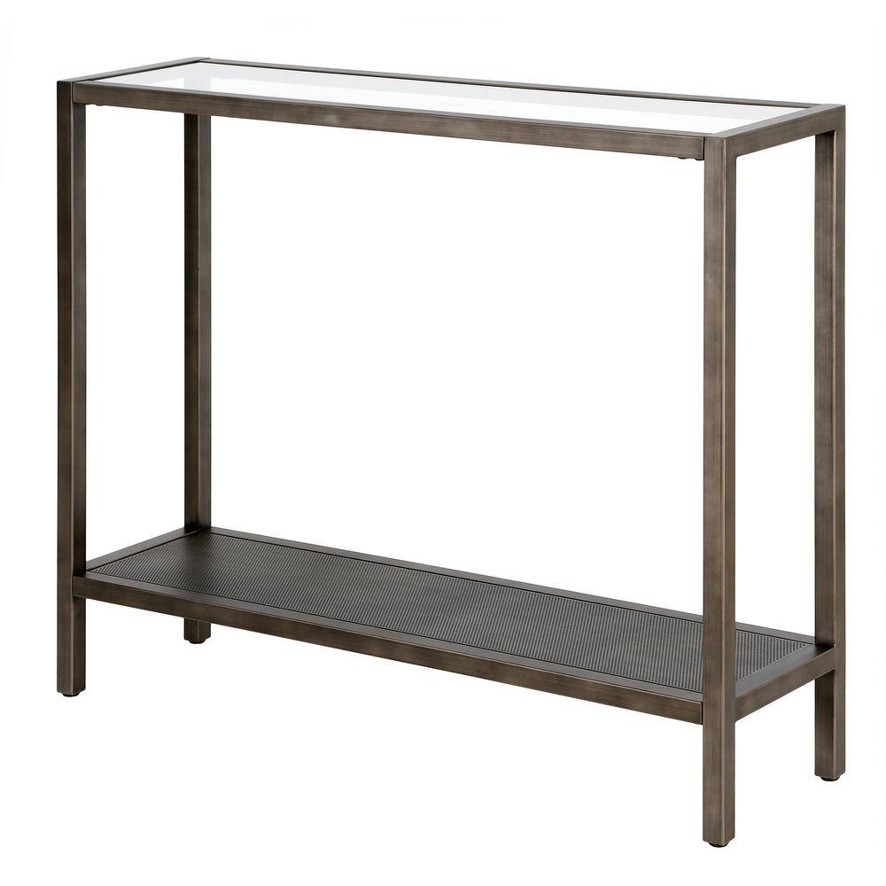 36" Aged Steel and Glass Industrial Hallway Table with Mesh Shelf