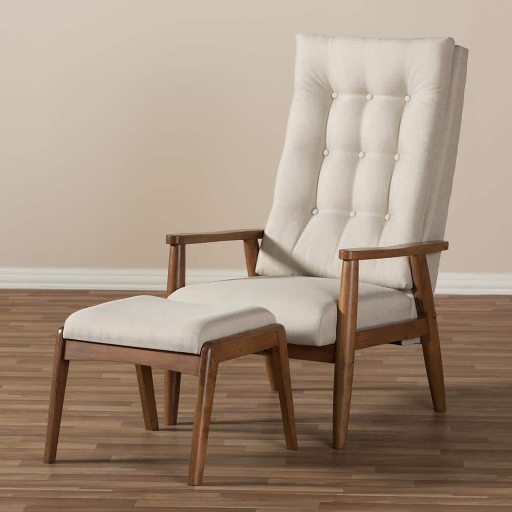 Mid-Century Modern Light Beige Leather Accent Chair with Walnut Wood Frame