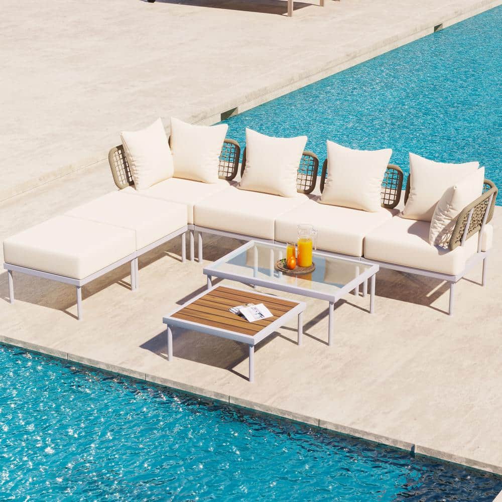 8-Piece White Steel Patio Sectional Sofa Set with Beige Cushions