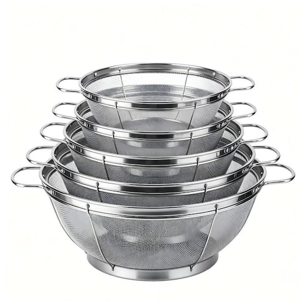 18/8 Stainless Steel Kitchen Colander, Multi Size Mesh Strainer Net Baskets with Handles and Resting Base, Set of 5
