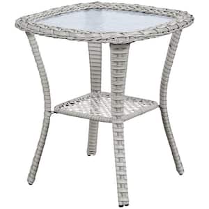 Gray White Square Wicker Outdoor Glass Side Table