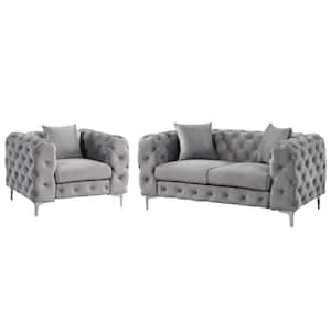 Modern Contemporary 2-Piece Accent Chair and Loveseat with Deep Button Tufting Dutch Velvet Top in Gray