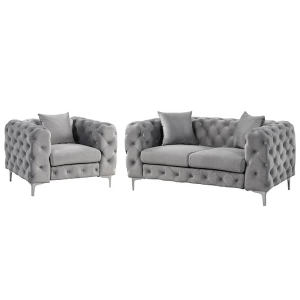 Morden Fort Modern Contemporary 2-Piece Accent Chair and Loveseat with Deep Button Tufting Dutch Velvet Top in Gray