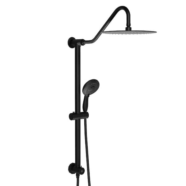 LORDEAR 5-Spray Patterns 10 in. Wall Mount Dual Shower Heads with Plastic Drill-Free Adjustable Slide Bar and Hose in Black