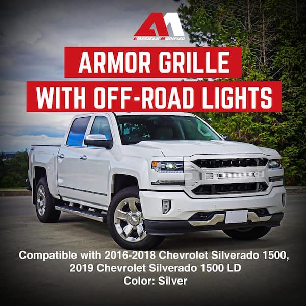 Armor Grille w Off Road Lights Silver for 16 19 Chevy Silverado 1500