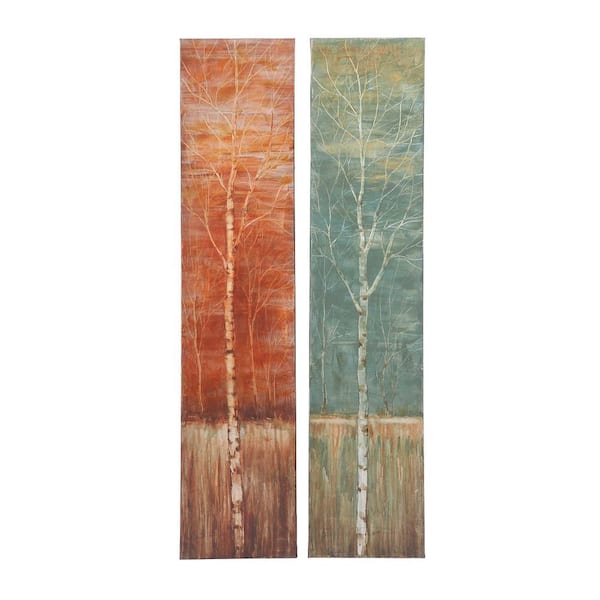 Litton Lane 65 in. x 14 in. Leafless Birch Trees on Field Hand-Painted Framed Canvas Wall Art (Set of 2)