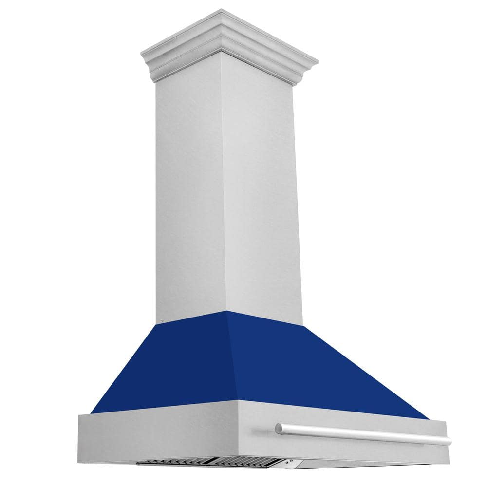 36 in. Satin Stainless Steel Wall Mount Range Hood with Blue Gloss Shell and Stainless Steel Handle