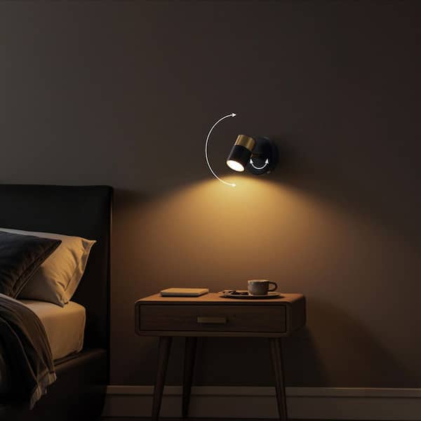 Paola 6 in. 1-Light Modern Adjustable Black/Brass Gold Integrated Dimmable LED Rechargeable Wall Light w/ Touch Sensor