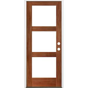 32 in. x 96 in. Modern Hemlock Left-Hand/Inswing 3-Lite Clear Glass Red Chestnut Stain Wood Prehung Front Door