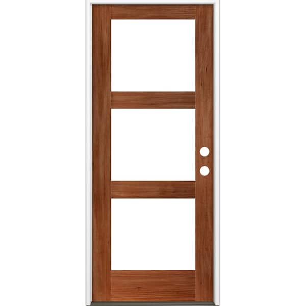 Krosswood Doors 32 in. x 96 in. Modern Hemlock Left-Hand/Inswing 3-Lite Clear Glass Red Chestnut Stain Wood Prehung Front Door
