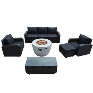 Angela Black 6-Piece Wicker Patio Fire Pit Conversation Sofa Set with Beige Cushions