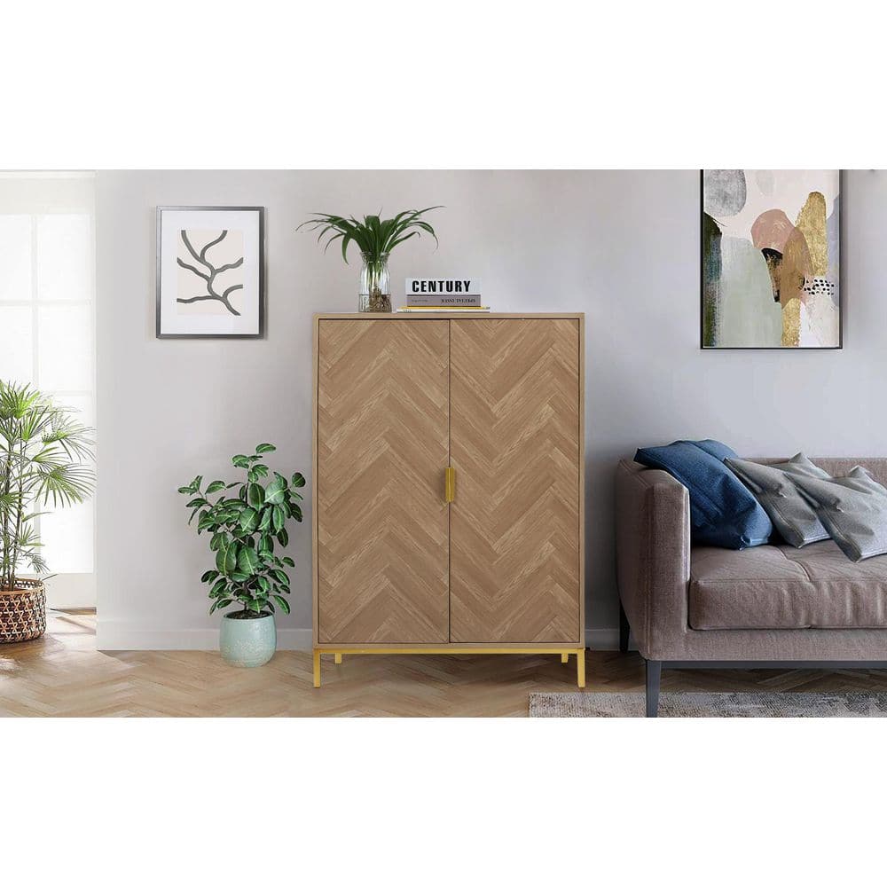 Natural Oak Herringbone Pattern 2-Door Accent Cabinet with Gold Base