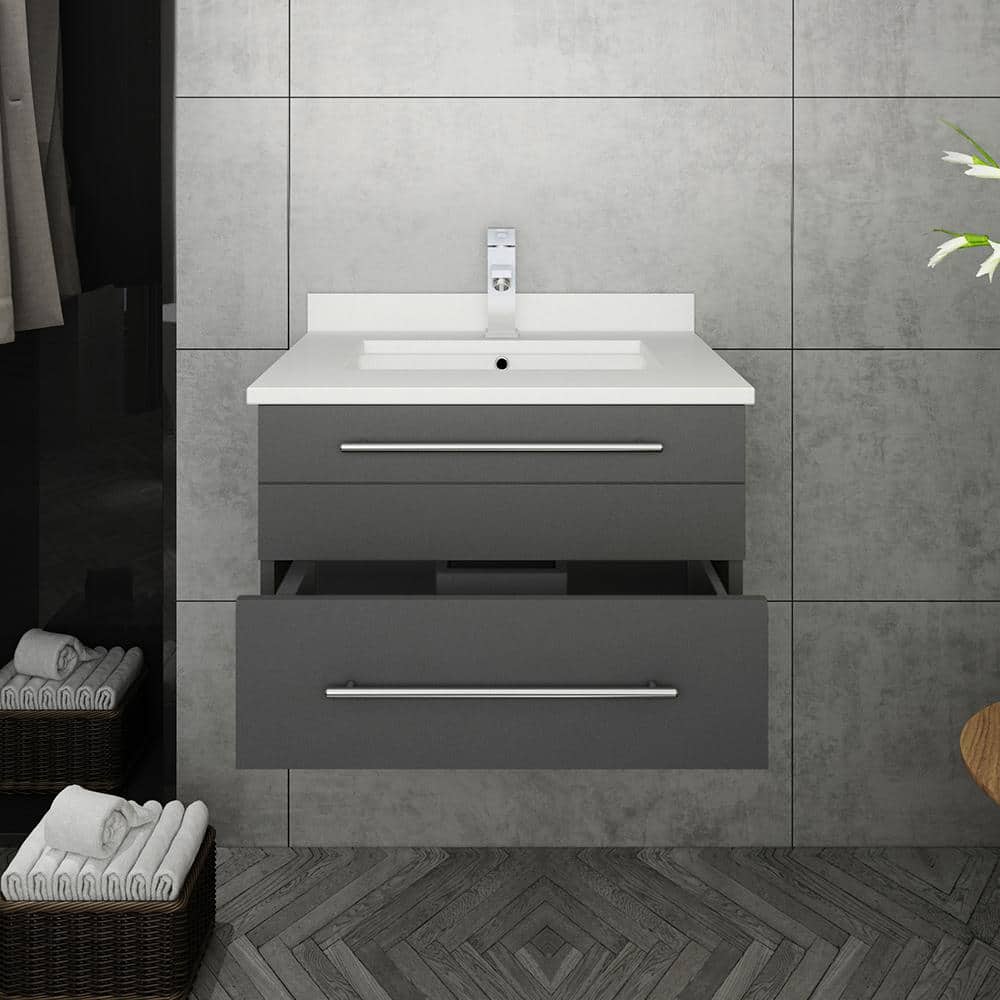 Lucera 24" Wall Hung Gray Quartz Top Modern Bathroom Vanity