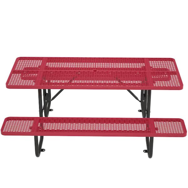 DENISLAWN 72.2 in. Red Rectangular Outdoor Steel Picnic Table with Umbrella Hole and 2 Built-in Benches