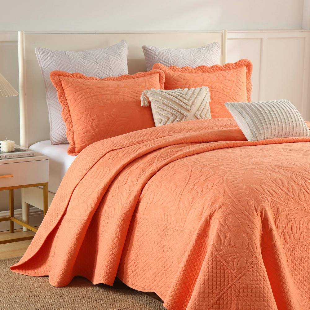 Salmon Cotton Embroidered Queen Size Quilt Bedspread Set