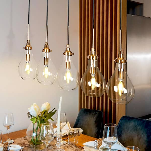 Transitional Kitchen Island Teardrop Chandelier 5-Light Black and Brass Dining Room Chandelier with Clear Glass Shades