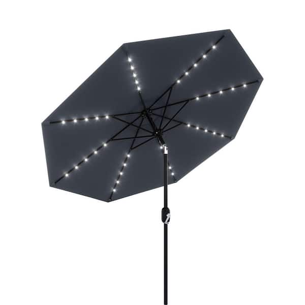 10 ft. Metal Pole Round Market Solar LED Lighted Tilt Patio Umbrella with UV-Resistant Fabric in Gray