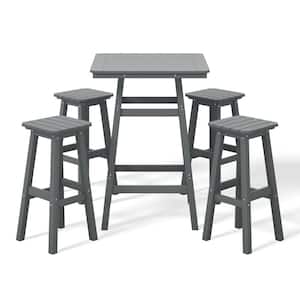 Laguna 5-Piece Fade Resistant HDPE Plastic Outdoor Patio Square Bar Height Pub Set, Matching Barstools in Gray