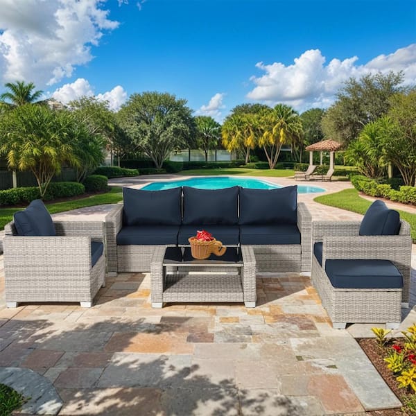 Unbranded 7-Piece Grey and White Wicker Patio Outdoor Conversation Set with Dark Blue Cushions Loveseat, Coffee Table, Storage Box