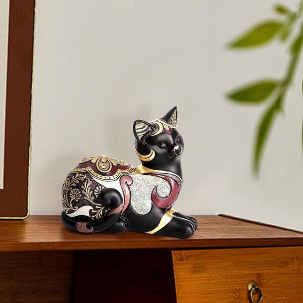 5.5 in. x 6.3 in. Resin Vintage Matte Black Cat Figurine, Retro
