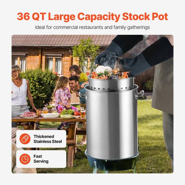 36 qt. Stainless Steel Stockpot, Heavy Duty Cookware with Basket, Lid and Handle, Commercial Grade for Steaming, Boiling