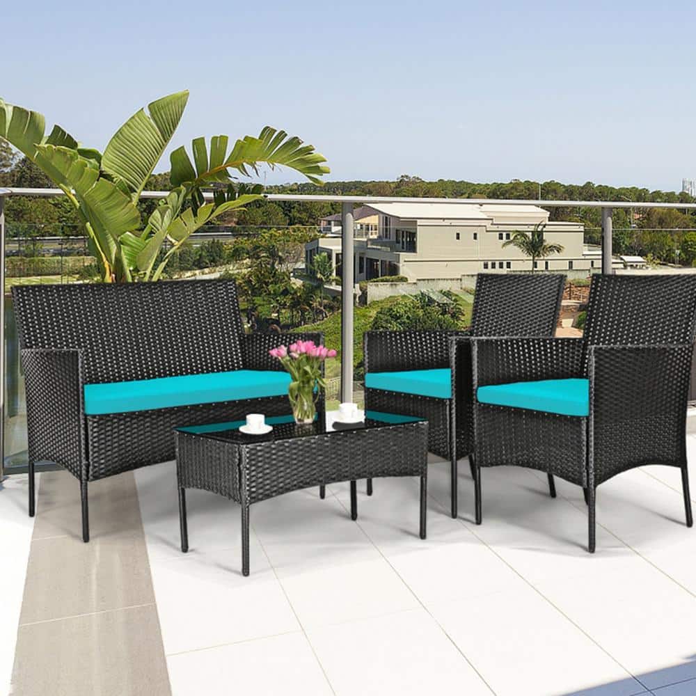 4-Piece Patio Metal Rattan Conversation Set with Tempered Glass Top Coffee Table & Seat Cushions in Turquoise price history on PriceWatchPro