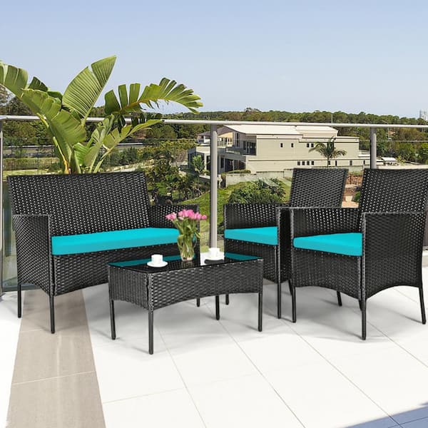 Kadehome 4-Piece Patio Metal Rattan Conversation Set with Tempered Glass Top Coffee Table & Seat Cushions in Turquoise