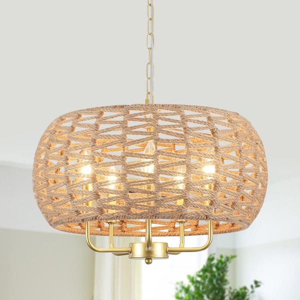18.97 in. 5-Light Gold and Brown Bohemian Drum Candle Chandelier with Straw Hand Woven Shade