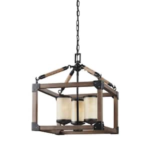 Dunning 3-Light Weathered Gray and Distressed Oak Rustic Farmhouse Single Tier Hanging Candlestick Chandelier