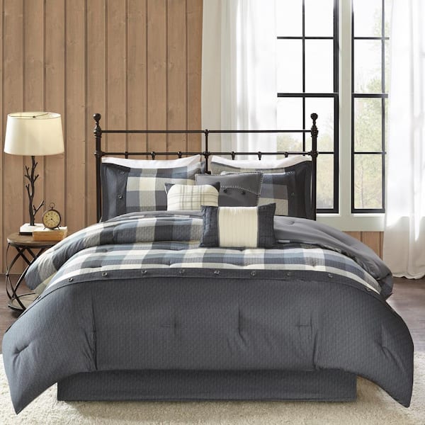 Pioneer 7-Piece Grey Plaid Polyester Queen Herringbone Comforter Set