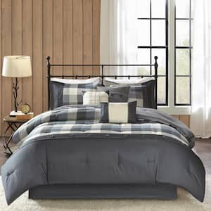 Pioneer 7-Piece Grey Plaid Polyester King Herringbone Comforter Set