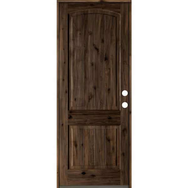 Krosswood Doors 32 in. x 96 in. Rustic Knotty Alder 2 Panel Arch Top V-Groove Left-Hand/Inswing Black Stain Wood Prehung Front Door