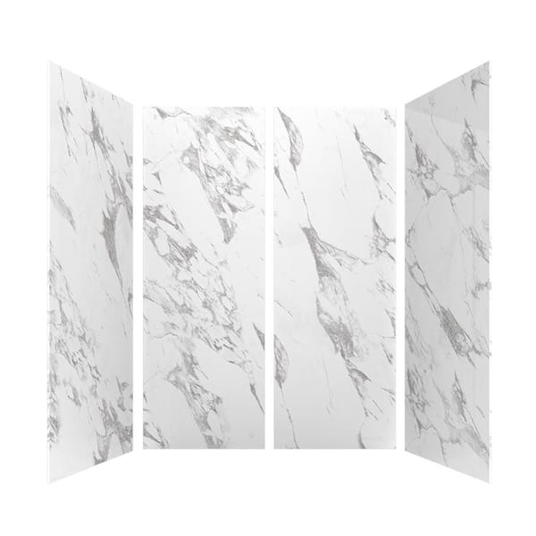 60 in. L x 32 in. W x 84 in. H Alcove Solid Composite Stone Four Piece Shower Wall Set in Carrara