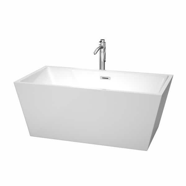 Wyndham Collection Sara 59 in. Acrylic Flatbottom Center Drain Soaking Tub in White with Floor Mounted Faucet in Chrome