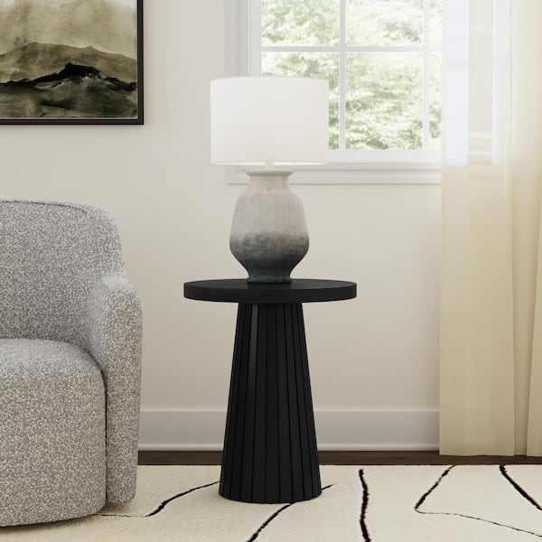 Homepop 18 in. Black Mango Wood Round End Table with Pedestal Base and Flute Design Details