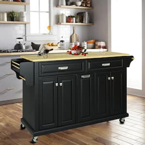 Black Natural Wood 60.5 in. Kitchen Island with Storage for Living Room Kitchen