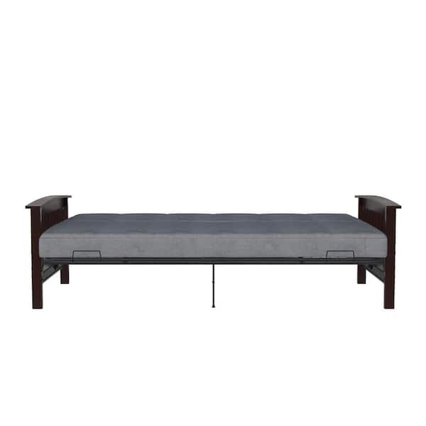 REALROOMS Elbi Full Size Wood Arm And Black Metal Futon Frame, Brown ...