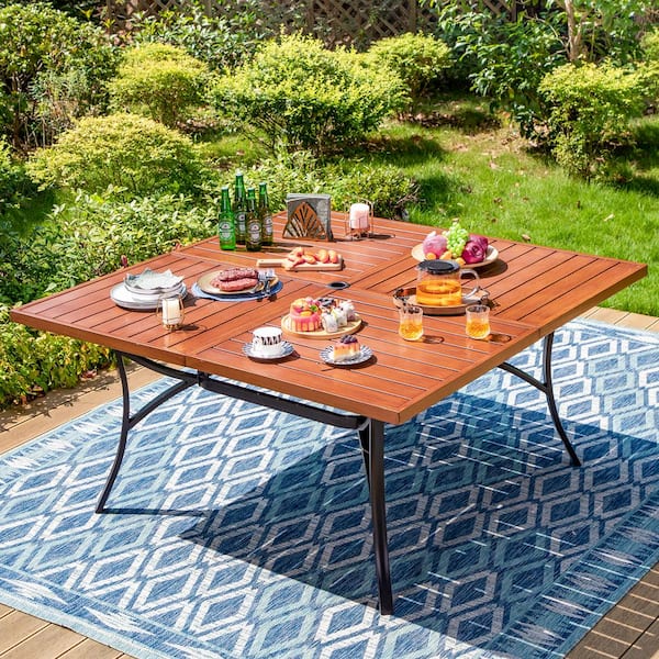 PHI VILLA Black Slat Wood Finish Square Metal Patio Outdoor Dining Table