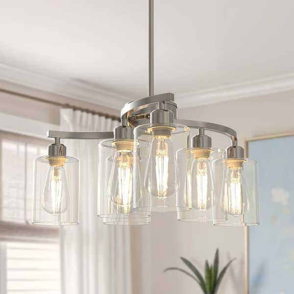 6-Light Brushed Nickel Chandeliers with Clear Shade Adjustable Hanging Industrial Pendant Lighting for Kitchen Island