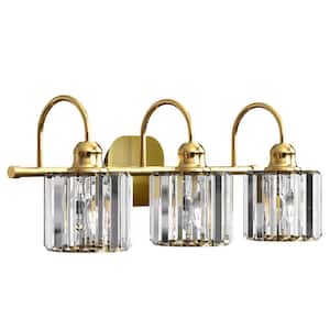 Merrin 23,1 in, 3-Light Brushed Gold Bathroom Vanity Light with Crystal Shades
