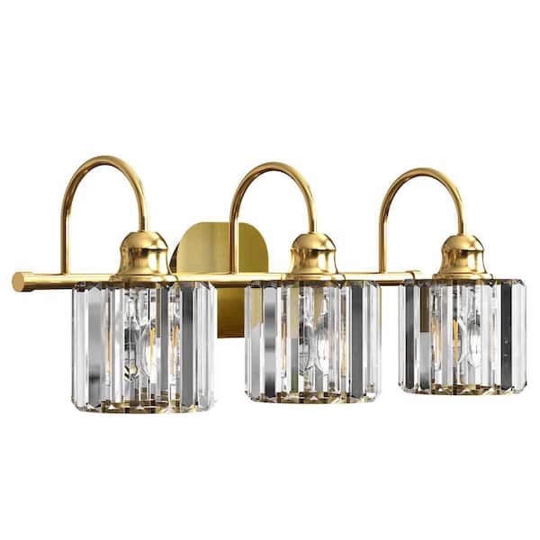 ExBrite Merrin 23.1 in. 3-Light Brushed Gold Bathroom Vanity Light with Crystal Shades