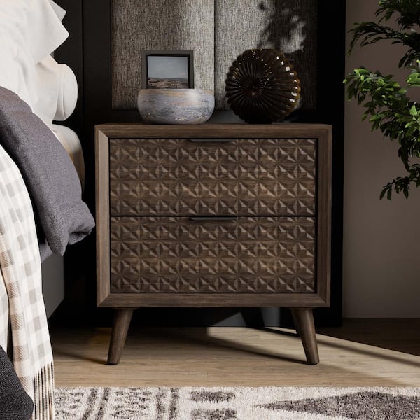 Furniture of America Thease Dark Brown 2-Drawer 23.5 in. W Nightstand with Textured Drawer Front Panels and Tapered Legs